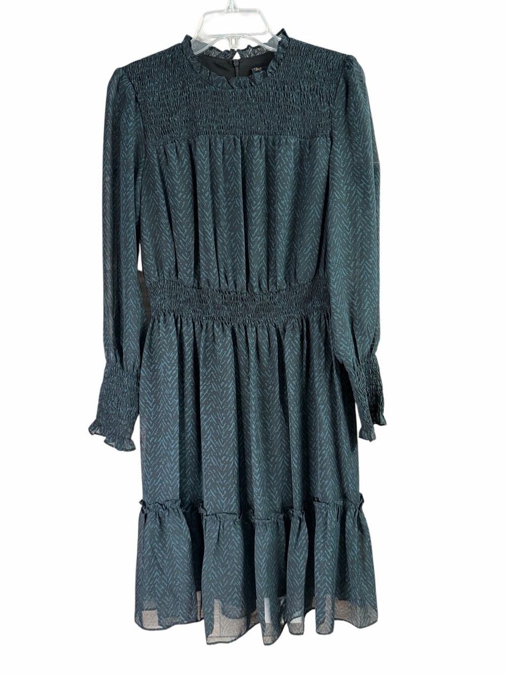Just Taylor Chevron Chiffon Smocked Mock Neck Midi Dress Black Teal Size 6